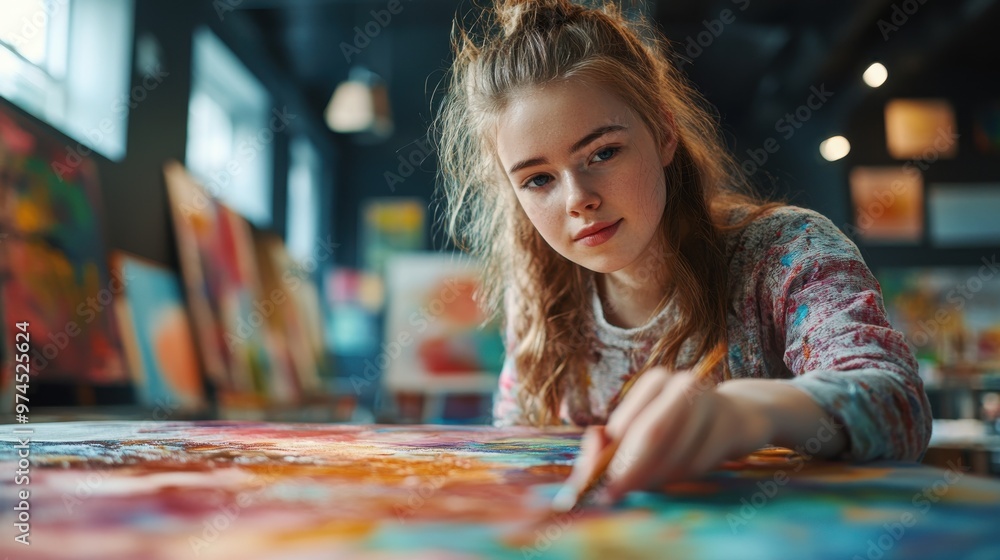 A real moment of a young woman with Down syndrome painting in an art class, her focus and creativity evident in the scene. A real moment of a young woman with Down syndrome painting in an art class, her focus and creativity evident in the scene.