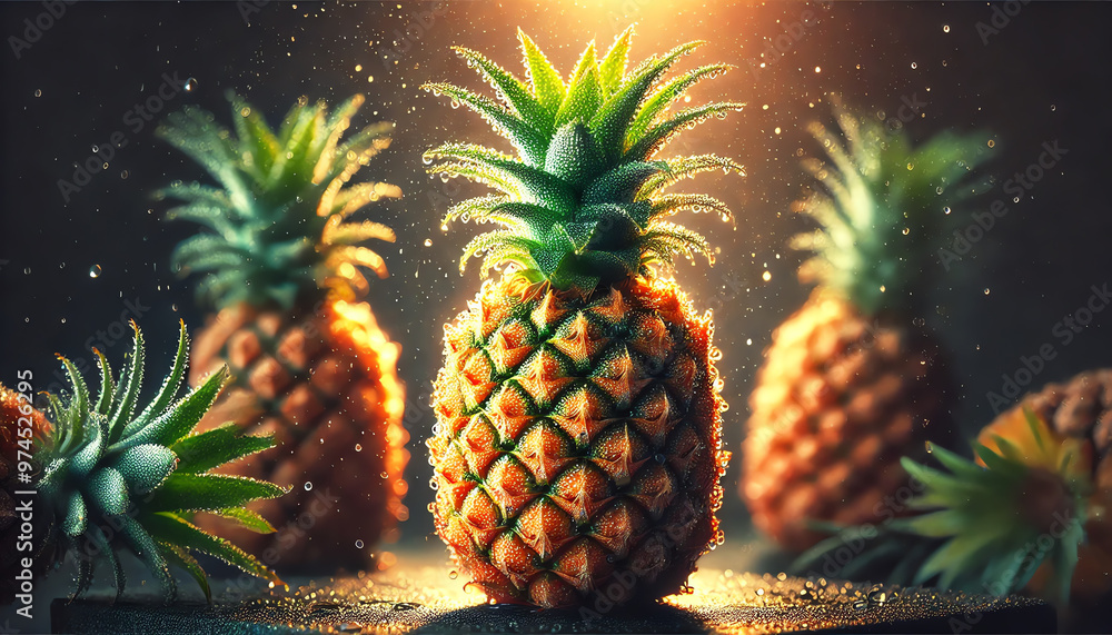 A bunch of pineapples with a single green leaf attached A bunch of pineapples with a single green leaf attached