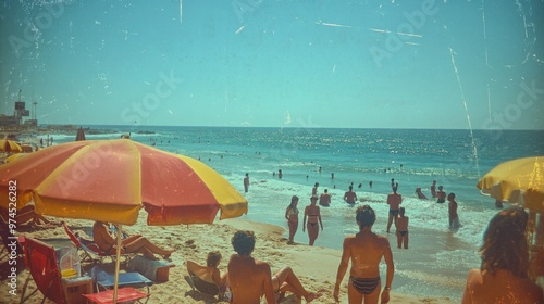 A retro photo of a beach scene from the 1970s, with light leaks and faded tones creating a nostalgic, vintage mood.