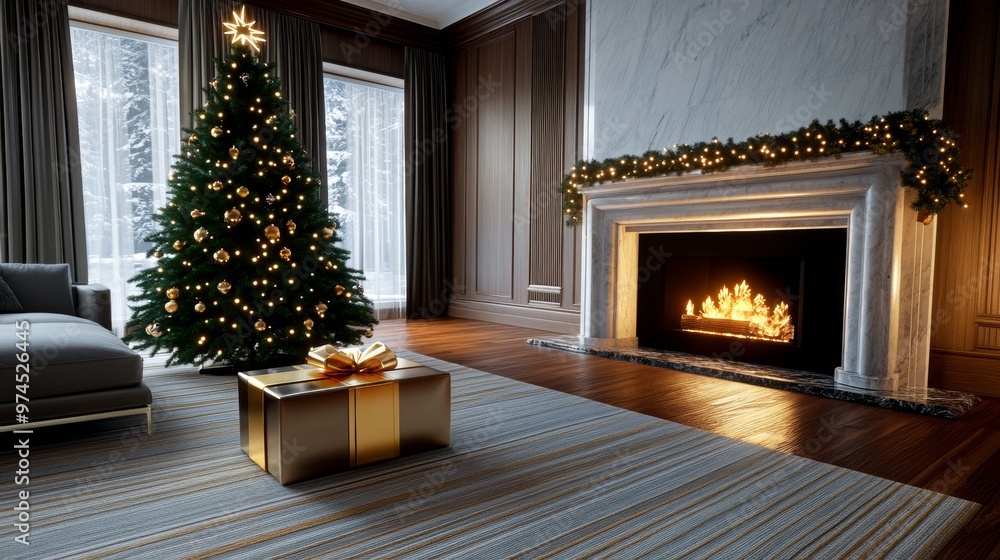 Cozy Christmas Living Room with Fireplace  Decorated Tree  and Gift Box