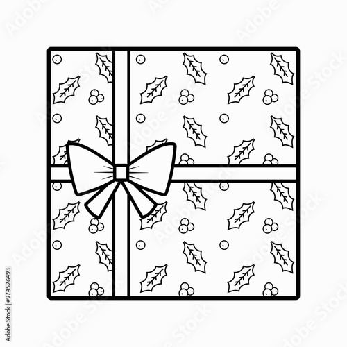square gift box tied with ribbon and decorated with holly outline image on top flat style