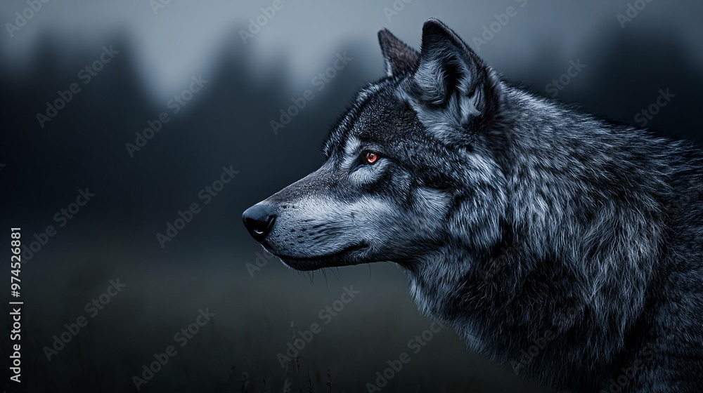 Fototapeta premium Wolf Portrait with Red Eyes in Dark Forest