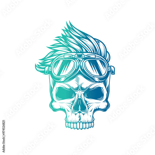 Hipster skull with motorcycle glasses and trendy hairstyle. Original vector illustration in vintage style isolated on white background. T-shirt design. photo