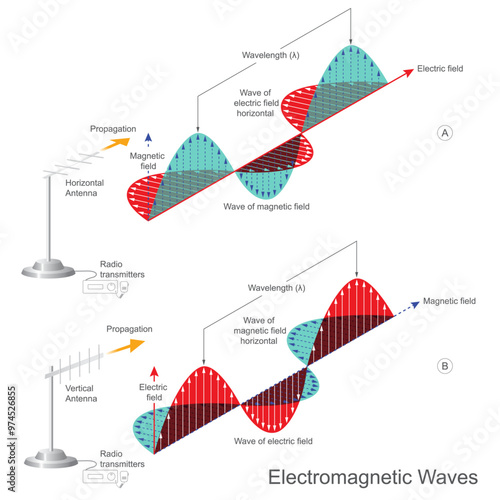 Electromagnetic Waves. Shown a sine graph and direction of propagation the electromagnetic waves from a radio transmission.