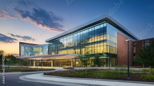 The exterior of a cutting-edge research hospital, with contemporary design elements, large glass panels, and a focus on innovation and medical advancement.