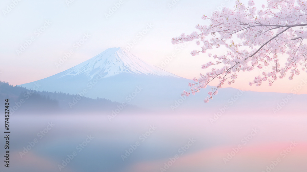 Φωτογραφία serene spring scene of Mount Fuji in the background, with cherry blossoms in full bloom along the shore of Lake Kawaguchiko