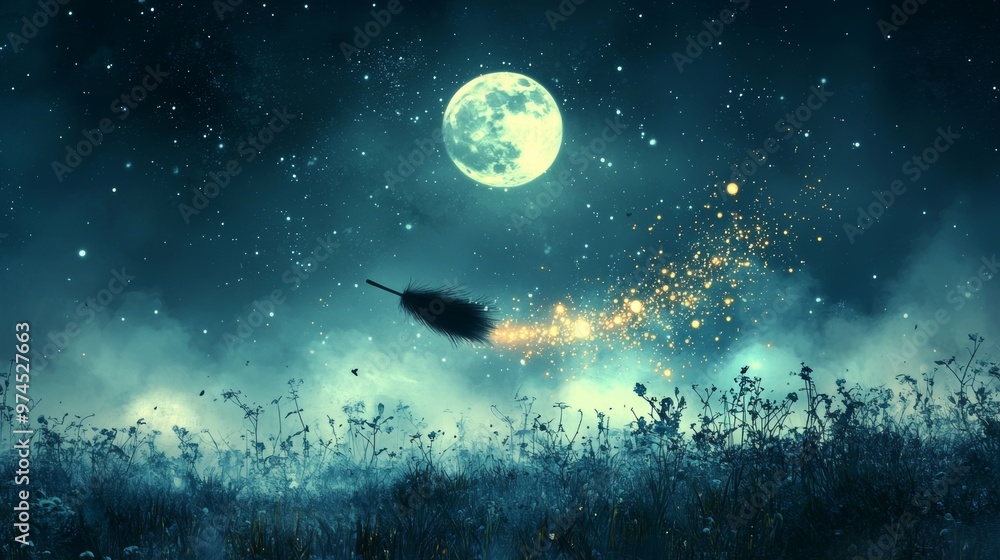 Magical Night Sky with Full Moon and Flying Broomstick Magical Night Sky with Full Moon and Flying Broomstick