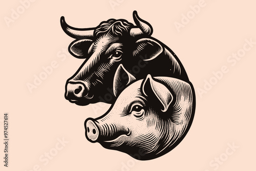 Cow and pig.  Face, head. Beef and pork. Emblem, vintage engraving vector illustration. Monochrome, black and white.	