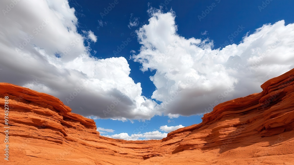 Canyon landscape with layers of red rock and stratified cliffs, under a dramatic sky filled with storm clouds Canyon landscape with layers of red rock and stratified cliffs, under a dramatic sky filled with storm clouds
