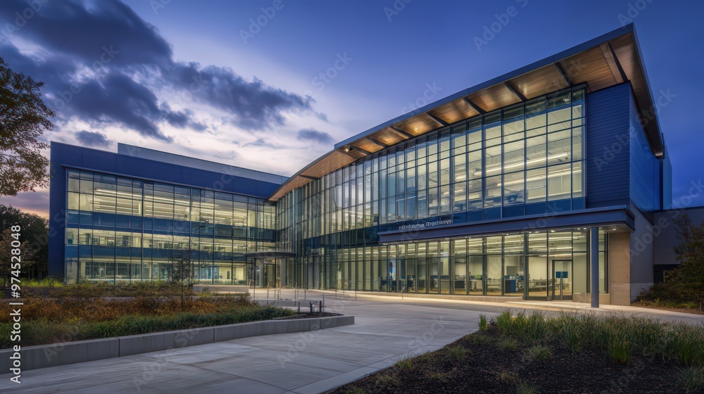 The exterior of a government research facility with a cutting-edge design, including glass panels, high-tech features, and a focus on innovation The exterior of a government research facility with a cutting-edge design, including glass panels, high-tech features, and a focus on innovation