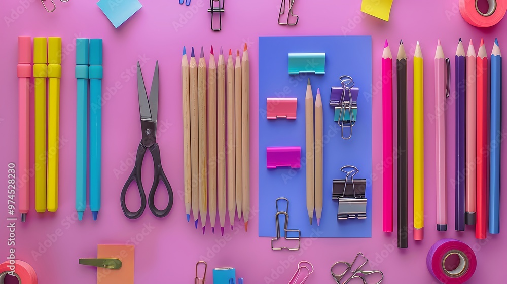 wooden pencils with colorful erasers paper clip adhesive tape scissors colored pencils colorful pens colorful adhesive notes and felt tip pens knolling style on pink and purple background wooden pencils with colorful erasers paper clip adhesive tape scissors colored pencils colorful pens colorful adhesive notes and felt tip pens knolling style on pink and purple background