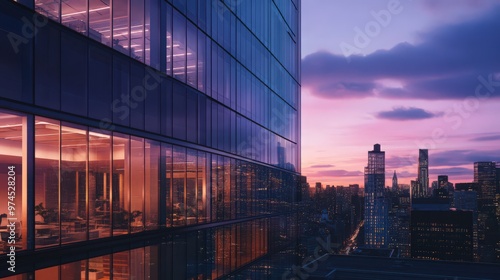 The exterior of a high-rise office building at dusk, with illuminated windows and a striking skyline backdrop creating a dramatic city scene