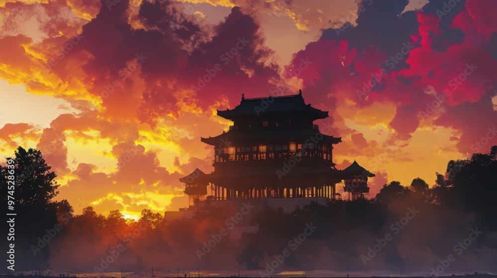 The exterior of a temple at sunset, with its silhouette against a colorful sky and warm light highlighting its architectural features The exterior of a temple at sunset, with its silhouette against a colorful sky and warm light highlighting its architectural features
