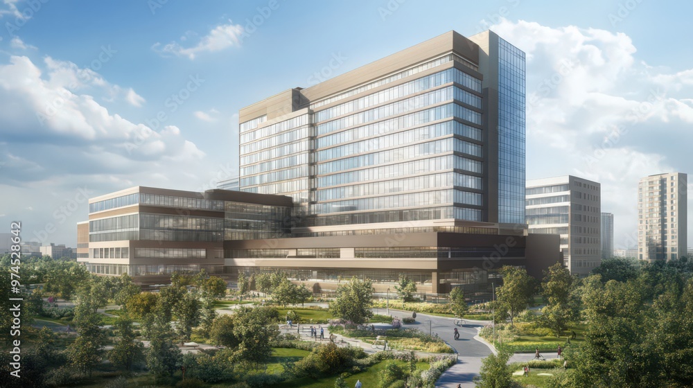 The exterior of a large, multi-story hospital building, with a modern architectural style, The exterior of a large, multi-story hospital building, with a modern architectural style,
