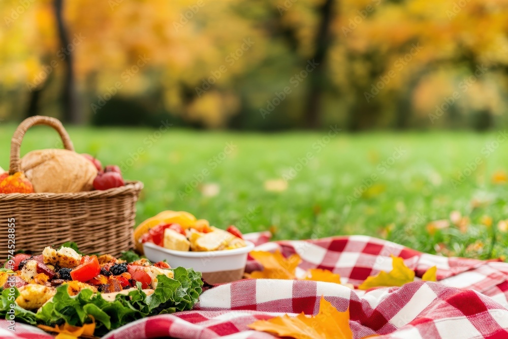 Autumn leaves swirling in the wind, framing a Thanksgiving picnic in a park with plaid blankets and traditional food, Copy space for text, no logo, no brand, no trademark Autumn leaves swirling in the wind, framing a Thanksgiving picnic in a park with plaid blankets and traditional food, Copy space for text, no logo, no brand, no trademark