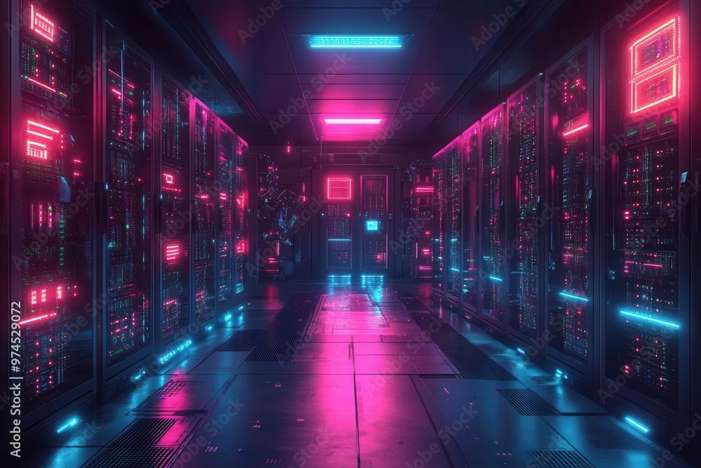 Fototapeta premium cyberpunk data center interior with neonlit server racks holographic displays and robotic maintenance drones