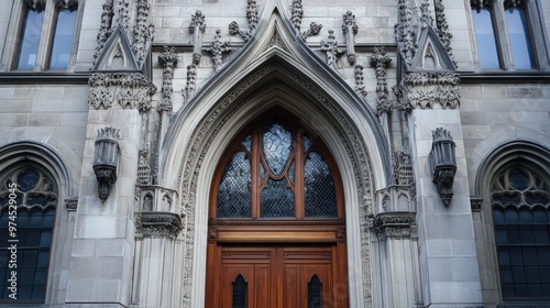The facade of a historic government structure with gothic architectural features, including pointed arches,