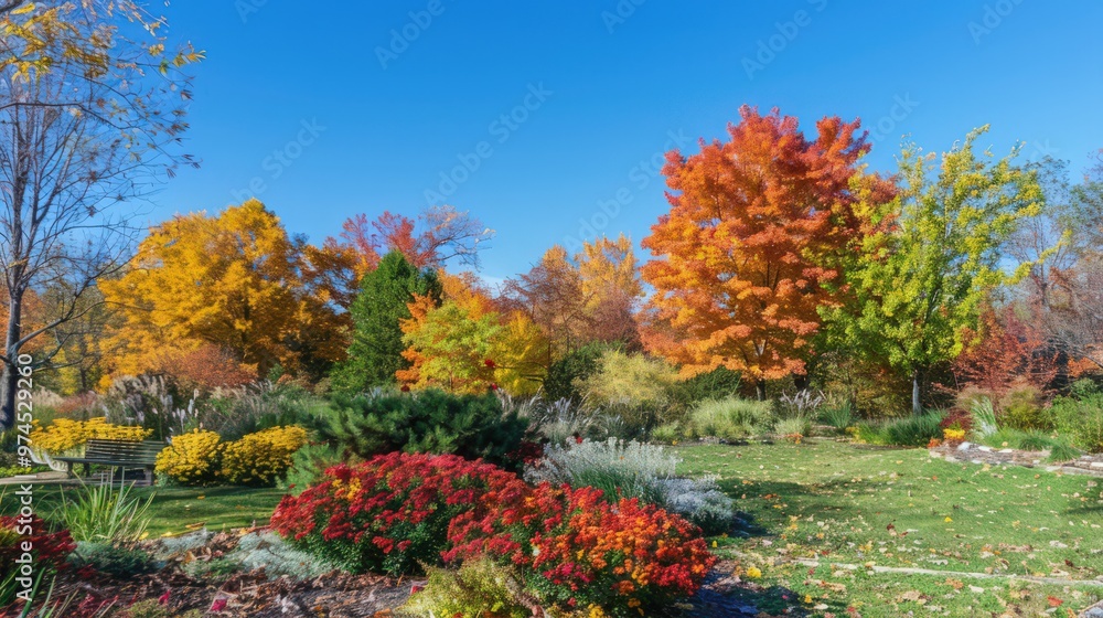 Naklejka premium The fall foliage creates a vivid mosaic of colors in a tranquil park, where the red, orange,