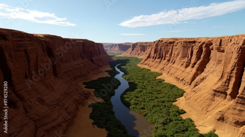 Lush canyon floor with a meandering river, framed by towering cliffs and dense vegetation, creating a contrast between arid rock and verdant life