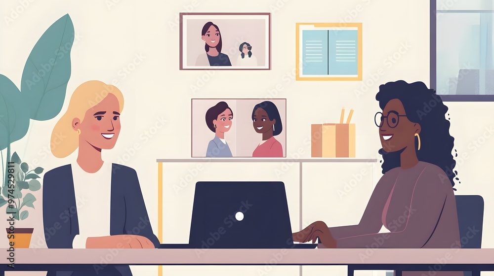 Two women in a professional setting, one using a laptop