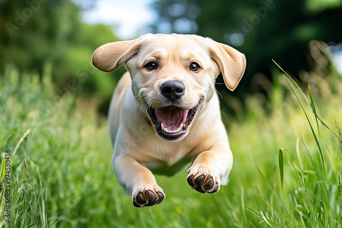 A Labrador Retriever bounding through tall grass, ears flopping as it runs photo