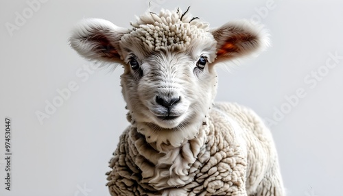 Adorable fluffy lamb gazing sweetly at the viewer against a pristine white backdrop