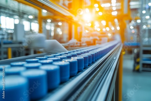 Industrial conveyor belt transporting blue containers in a modern manufacturing facility with bright lighting.