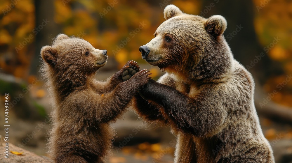 Obraz premium A wildlife shot of a bear cub playing with its mother, showcasing the playful and nurturing bond in nature.