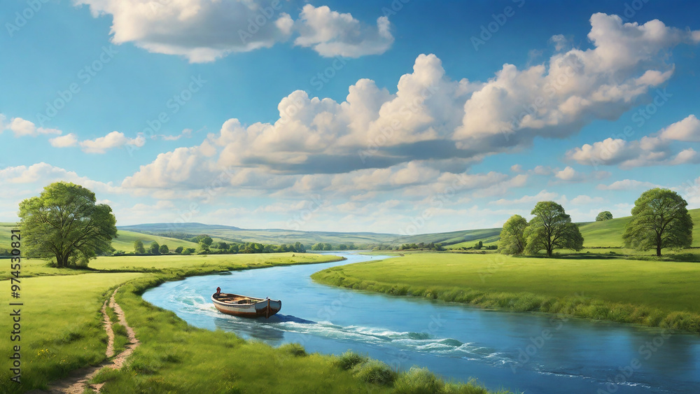 Obraz premium spring landscape featuring a river, a boat, and vibrant greenery, all under a vast, clear blue sky.