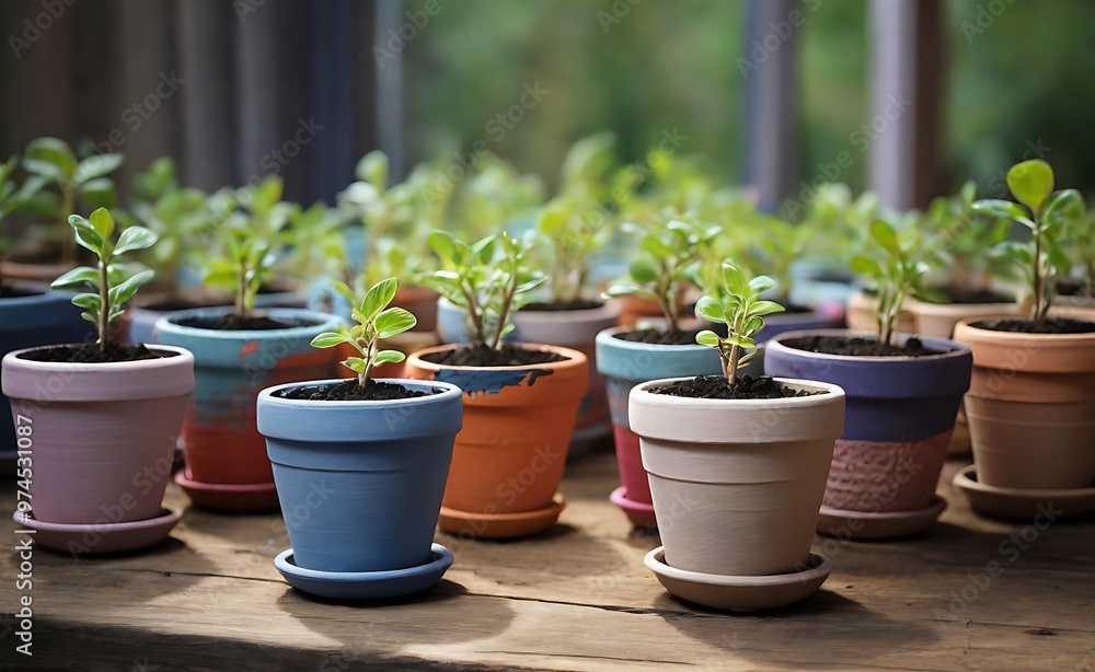 seedlings in painted pots. seedlings in painted pots.