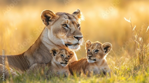 A wildlife shot of a lioness and her cubs playing in the grasslands, capturing the protective and nurturing bond of wildlife.