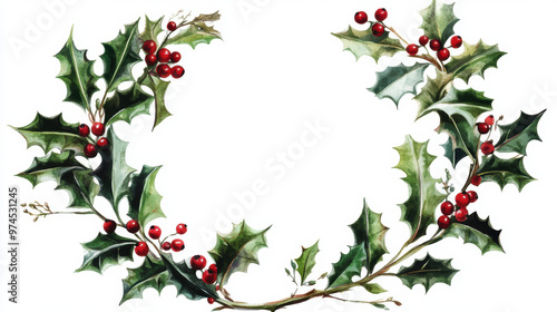 Watercolor Holly Wreath.