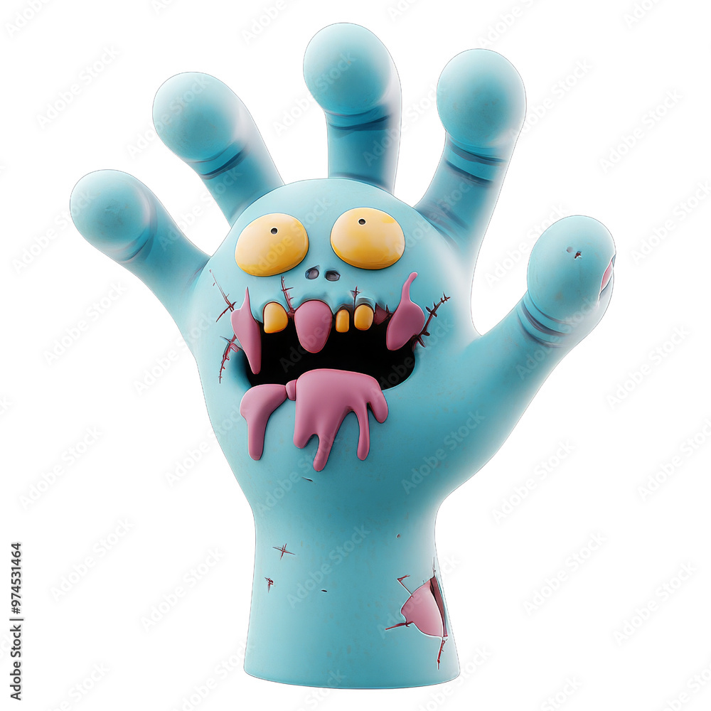 Creepy 3D zombie hands in blue, oozing with a sinister texture, and a distorted face perfect for haunting Halloween visuals.