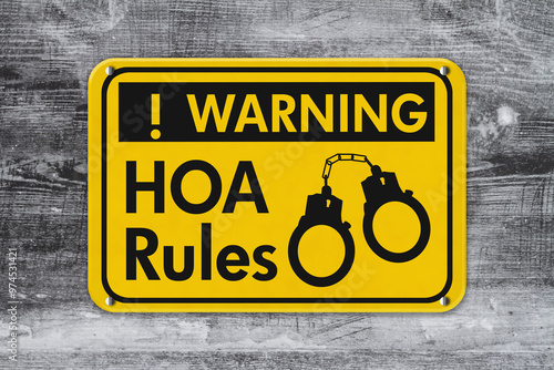  Yellow warning HOA rules with handcuffs sign