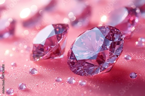 dazzling diamonds scatter across dreamy pink bokeh backdrop precious gems catch and refract light creating a luxurious romantic atmosphere soft focus enhances ethereal quality