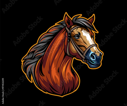 Ai generated horse, mustang, stallion mascot. Isolated majestic animal head with harness representing strength and elegance, with Its powerful features and flowing mane, exuding confidence and grace
