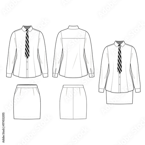 Technical flat sketch of a girl's school uniform design template. Vector illustration of a collared shirt and mini skirt set mock-up. A classic button-down shirt and striped necktie.