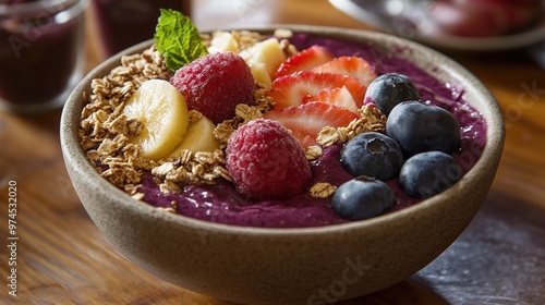 Delicious acai bowl topped with fresh fruits and granola on a wooden table