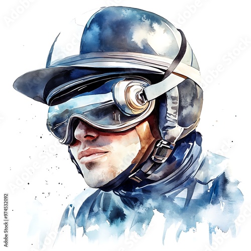 Watercolor Painting of a Man Wearing a Vintage Motorcycle Helmet and Goggles. photo