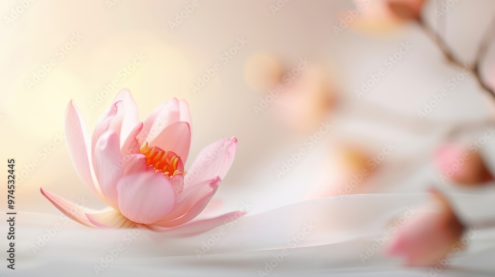 Fototapeta premium Delicate pink lotus blossom resting on soft white fabric, gentle light highlighting its petals and creating a serene, tranquil atmosphere among subtle floral hints.