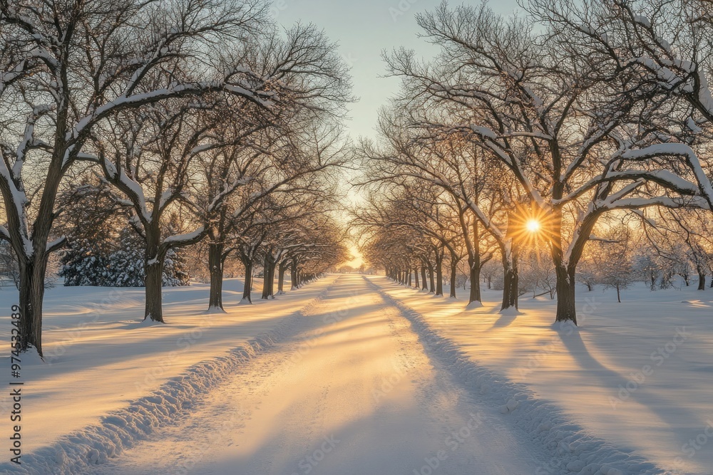 Snow-Covered Trees Line a Path Towards a Sunset Snow-Covered Trees Line a Path Towards a Sunset