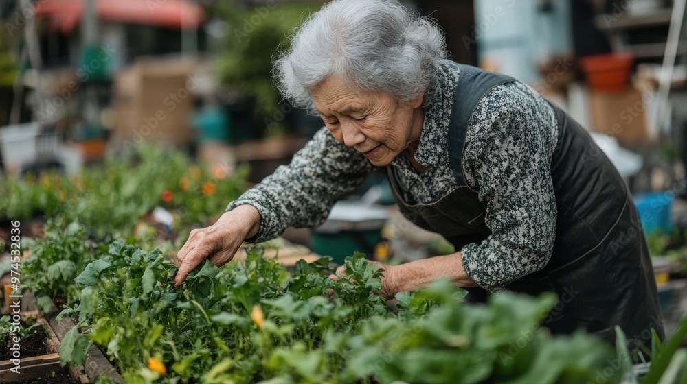 Fototapeta premium An elderly woman tending to a community garden, showcasing sustainable living and urban agriculture.