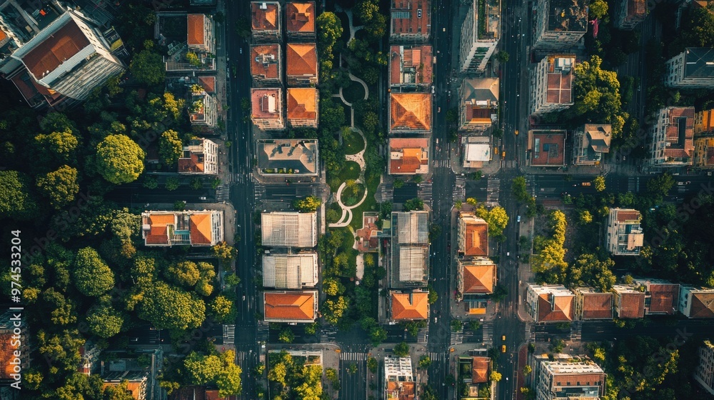 Fototapeta premium Aerial view of a city block with geometric patterns formed by streets, buildings, and green spaces