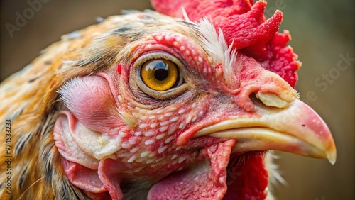 Close-up of infected chicken's featherless, ulcerated skin with scab-like lesions and swollen eyes, illustrating the symptoms and effects of fowl pox virus disease.