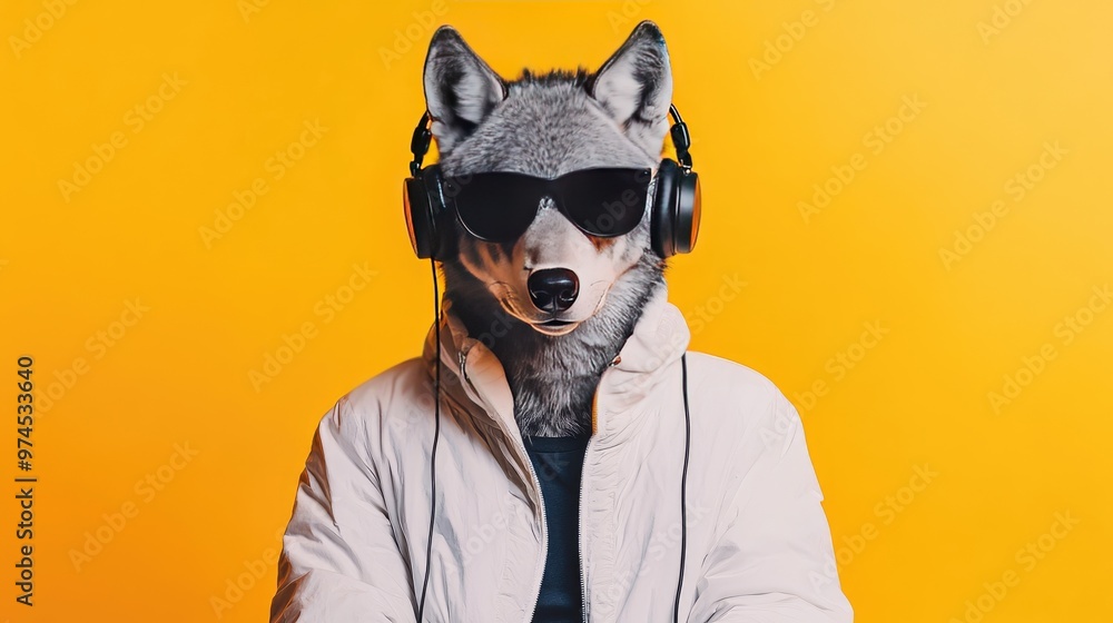 A wolf-headed figure in a white jacket with large headphones and sunglasses, immersed in music on a soft yellow backdrop. A wolf-headed figure in a white jacket with large headphones and sunglasses, immersed in music on a soft yellow backdrop.