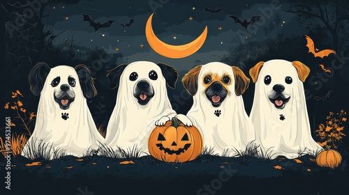 Four dogs wearing ghost sheets, one holding a pumpkin, sitting side by side in a spooky yet cute Halloween scene with a crescent moon, bats, and spiders in the corners.