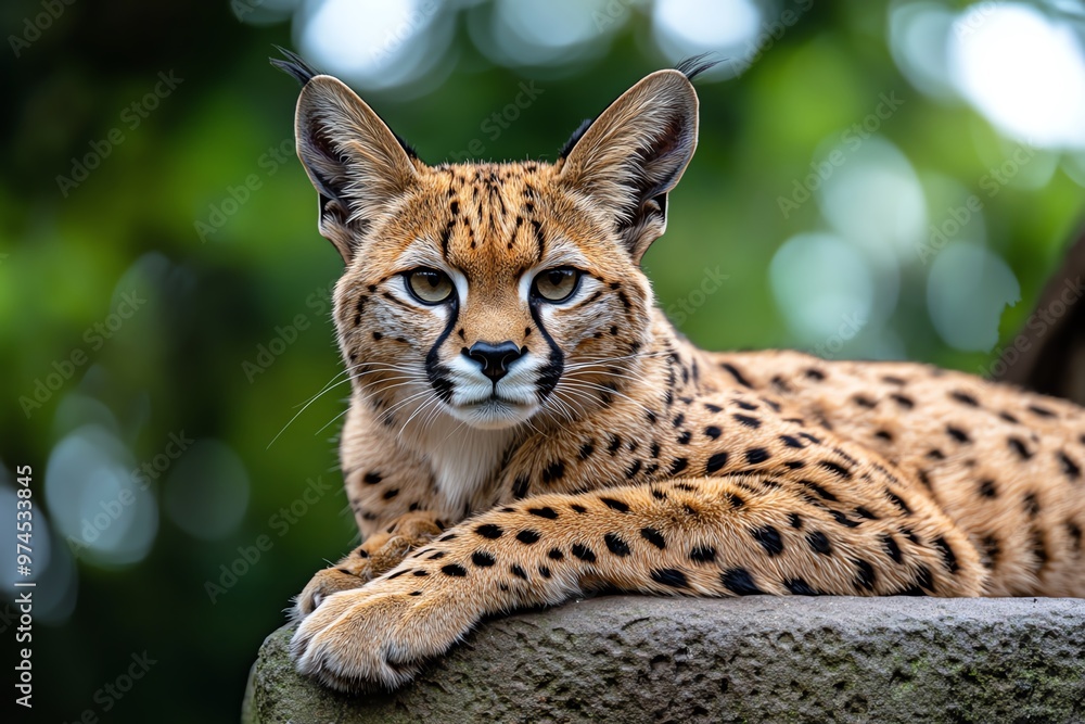 A Savannah lounging on a high perch, its long legs and large ears giving it a majestic, exotic appearance