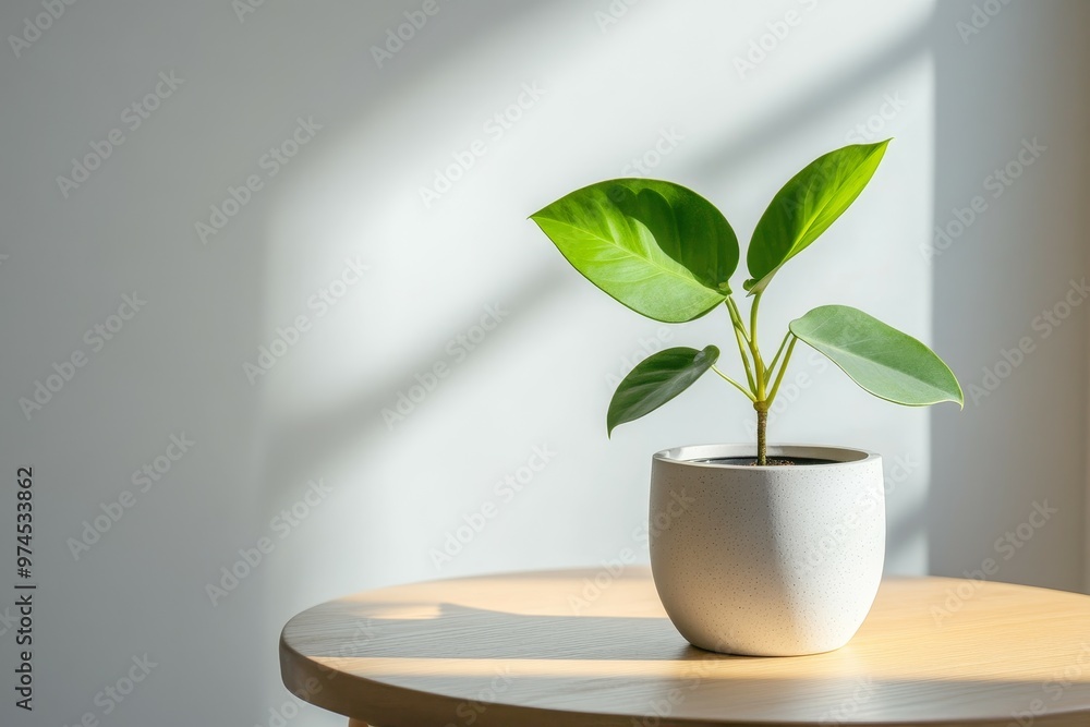 Potted Green Plant on Wooden Table in Sunlight Potted Green Plant on Wooden Table in Sunlight