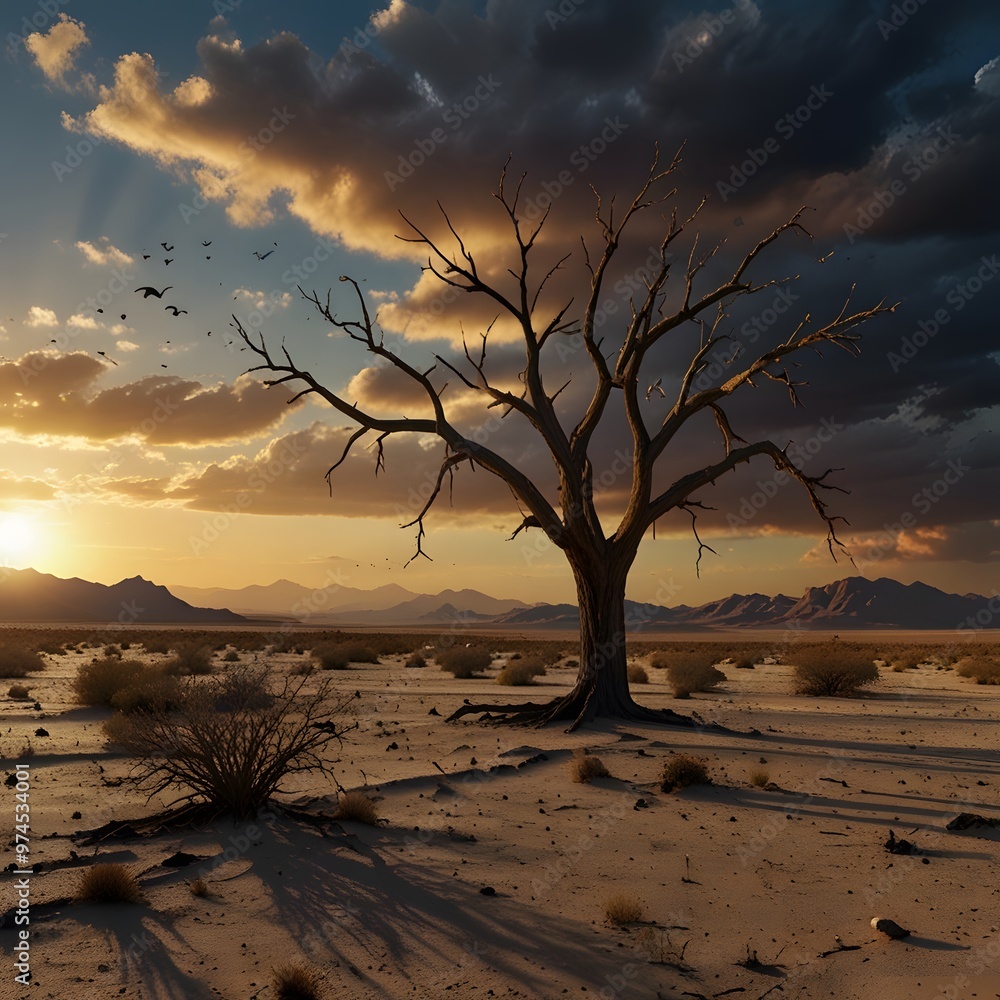 hyper-realistic and ultra-detailed scene of a desolate, cracked desert landscape The sky is filled with dramatic, dark clouds and the sun is setting in the background. A leafless, twisted tree stands hyper-realistic and ultra-detailed scene of a desolate, cracked desert landscape The sky is filled with dramatic, dark clouds and the sun is setting in the background. A leafless, twisted tree stands