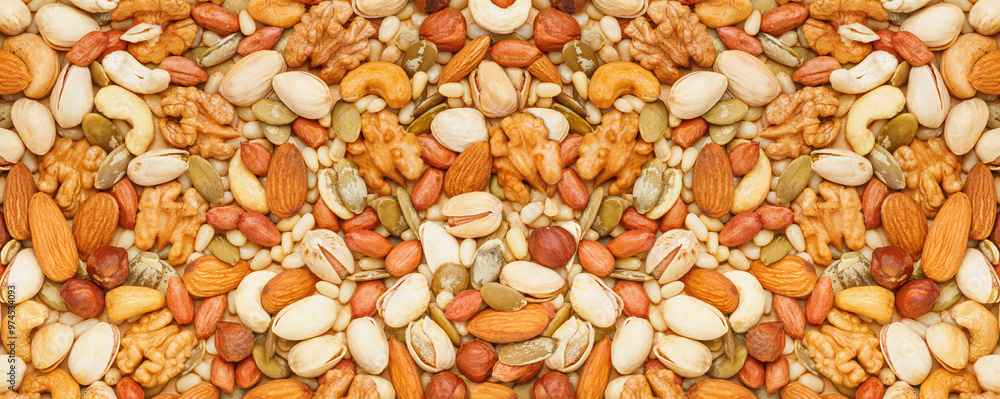 Background from a variety of nuts and seeds, banner - peeled walnut, hazelnuts, peeled peanut, pine nut kernels, almond seeds, cashew seeds, pistachio nuts in the shell, pumpkin seeds Background from a variety of nuts and seeds, banner - peeled walnut, hazelnuts, peeled peanut, pine nut kernels, almond seeds, cashew seeds, pistachio nuts in the shell, pumpkin seeds